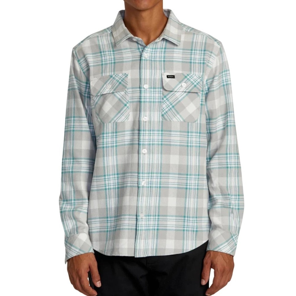 RVCA Long Sleeve Woven Button Up Flannel Shirt Gray Green Plaid L AVYWT00477